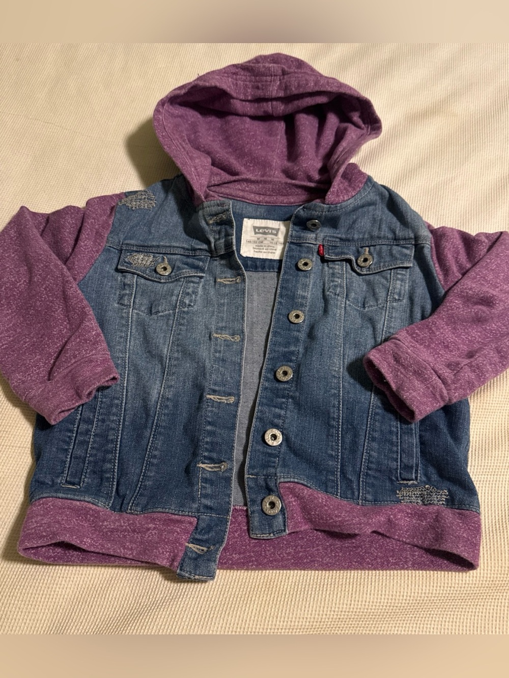 Levi’s Girls Hooded Denim Jacket Purple Knit Sleeves Distressed Size 10-12 READ